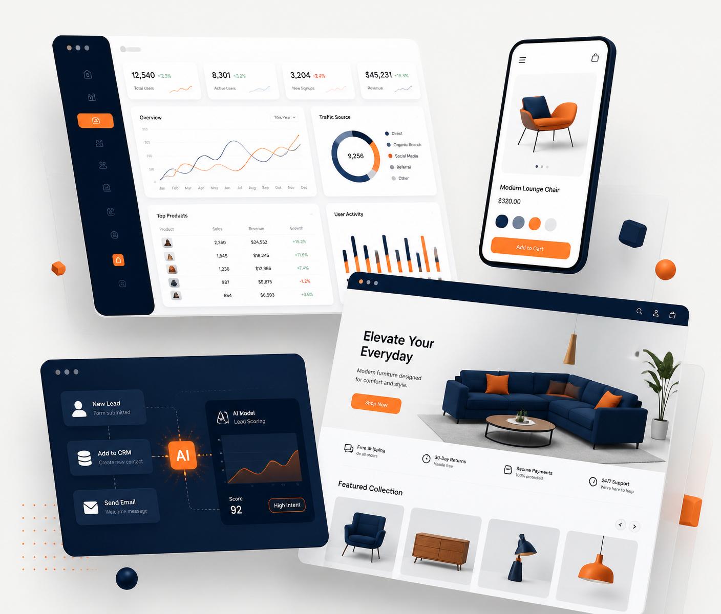 Digital agency mockups showcasing dashboards, e-commerce and mobile UI